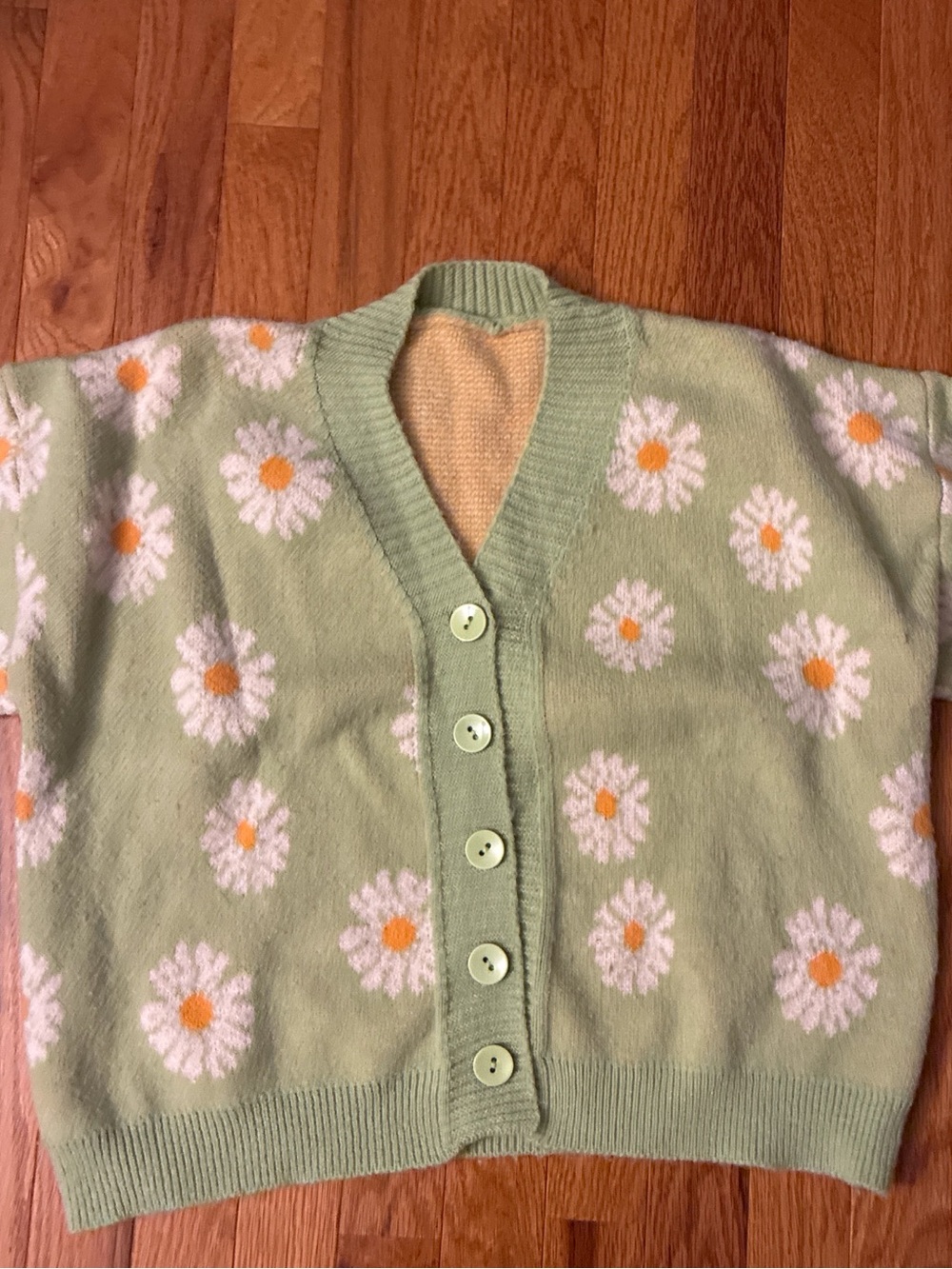 Green Daisy-Print Button Cardigan Sweater